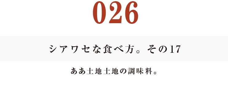 026 シアワセな食べ方。 その17
ああ土地土地の調味料。